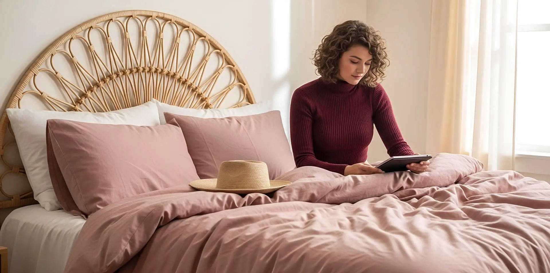 Woman reading a tablet while sitting on a bed with rose-colored bedding and a rattan headboard