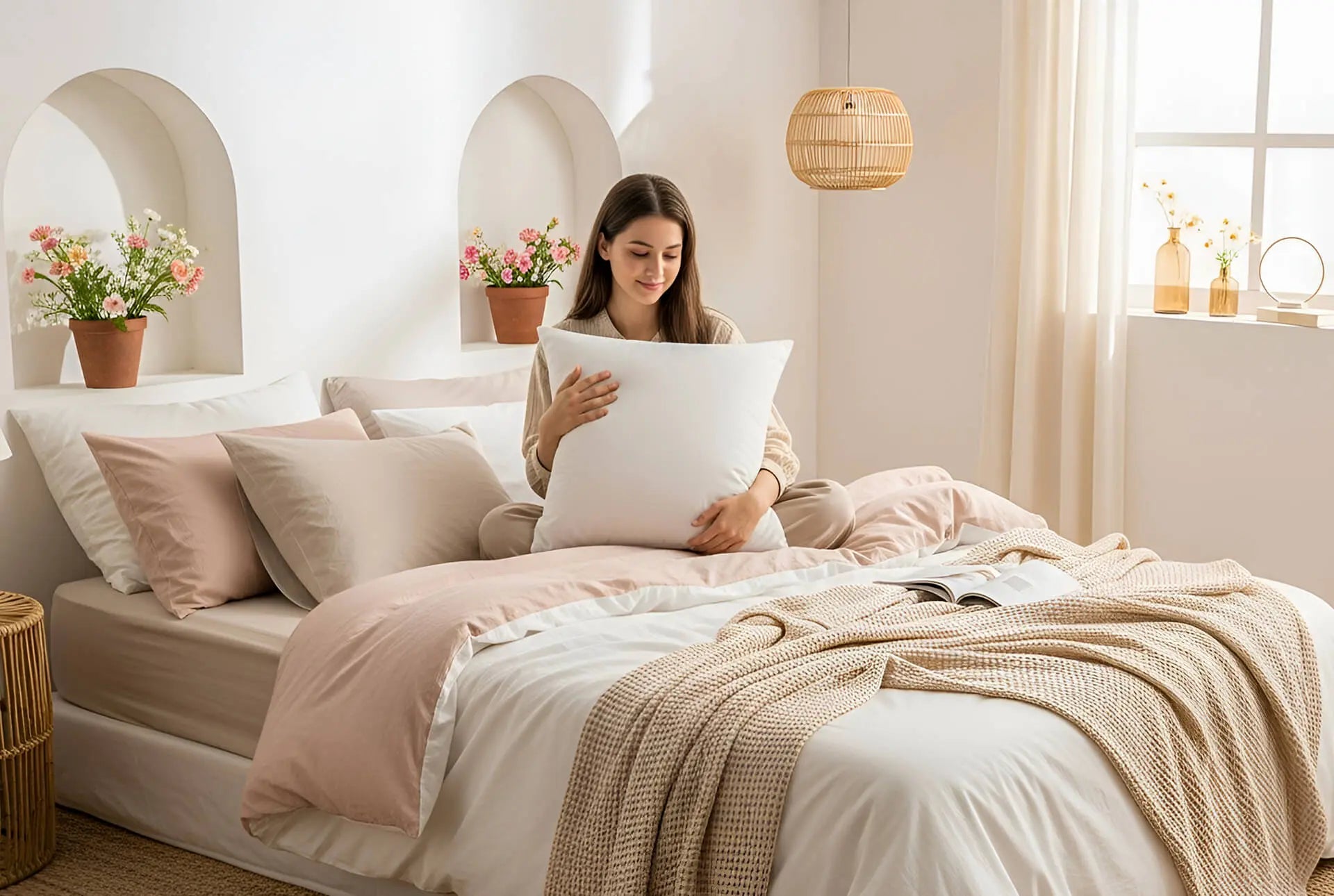 Smiling woman sitting on a bed holding a white pillow, surrounded by pastel bedding and potted flowers