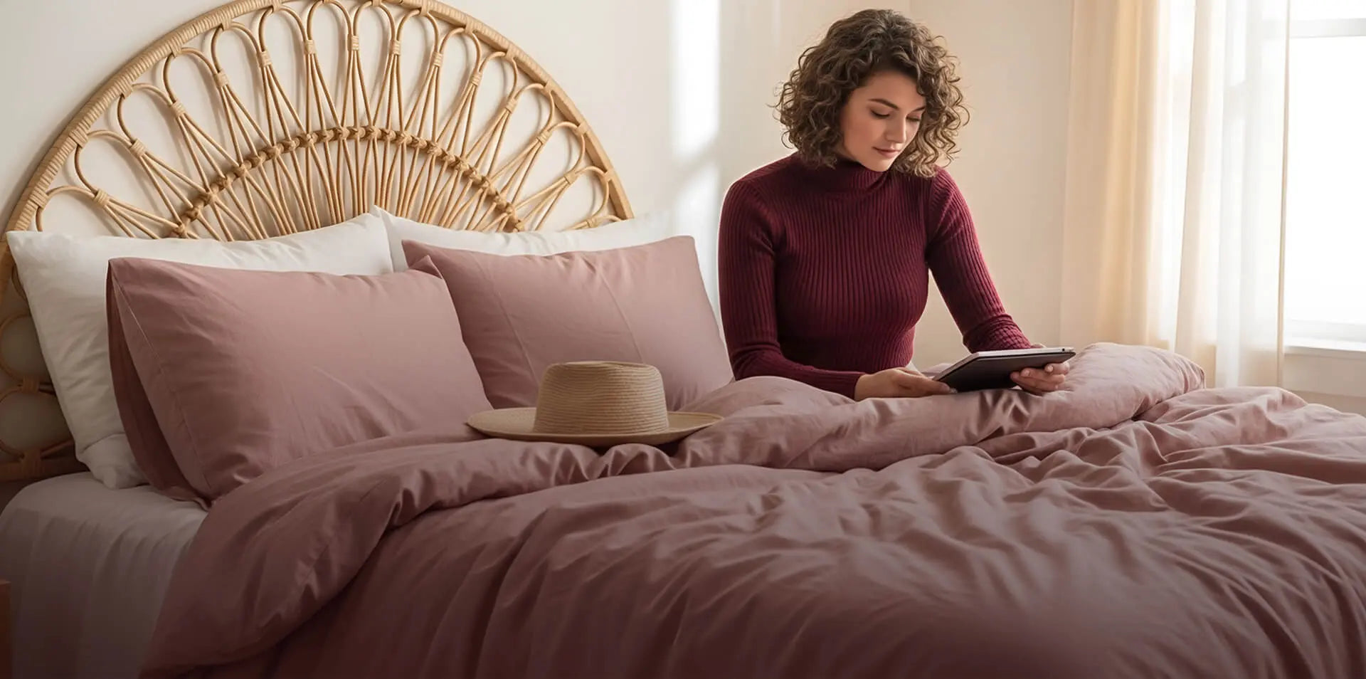 Woman reading a tablet while sitting on a bed with rose-colored bedding and a rattan headboard