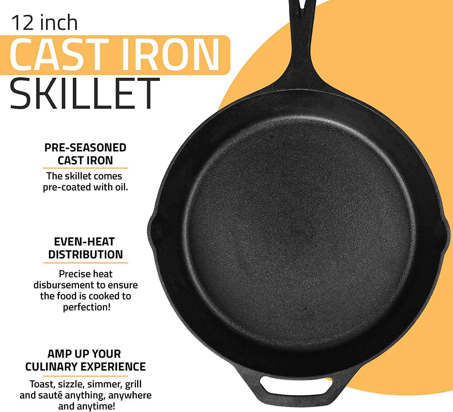 Pre-Seasoned Cast Iron Skillet (12-Inch) W/Glass Lid and silicone Handle  Cover