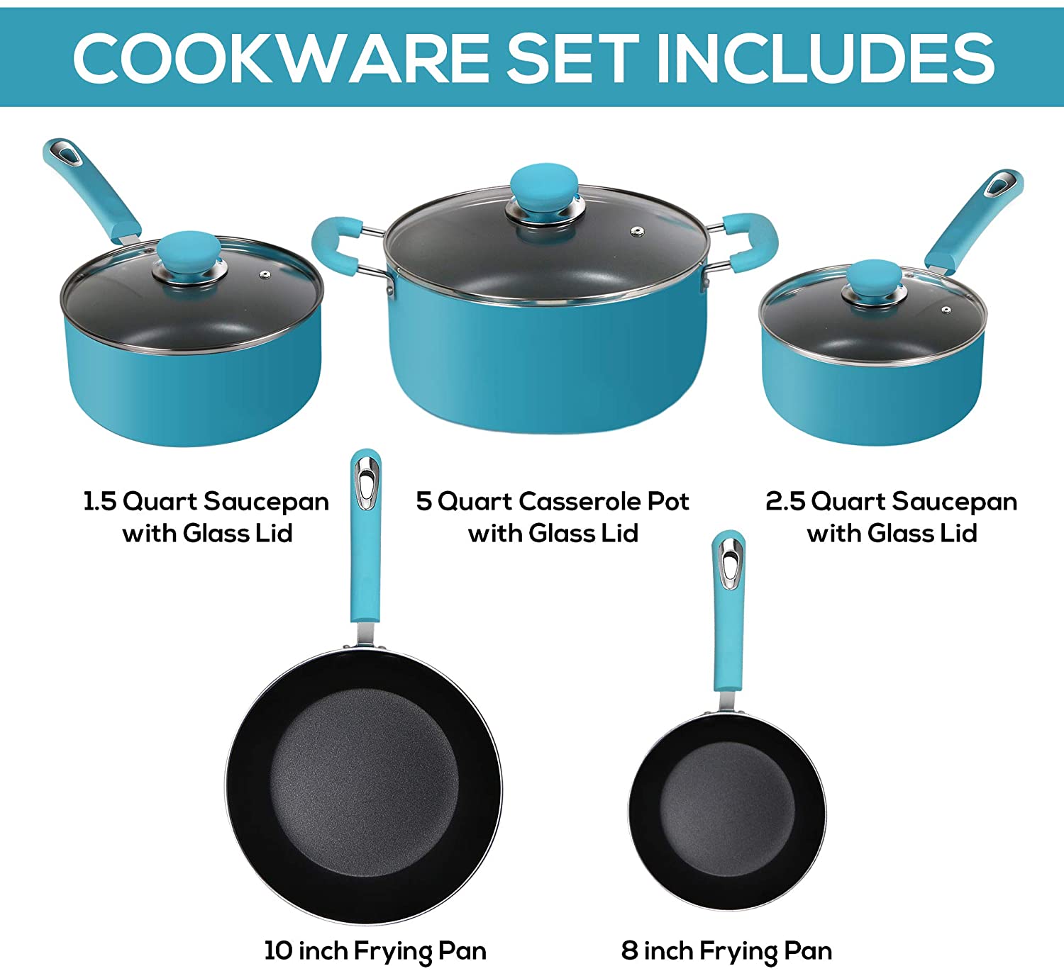 20Pcs Non Stick Cookware Set Cooking Pots Frying Pan Set Utensils Set Glass  Lids