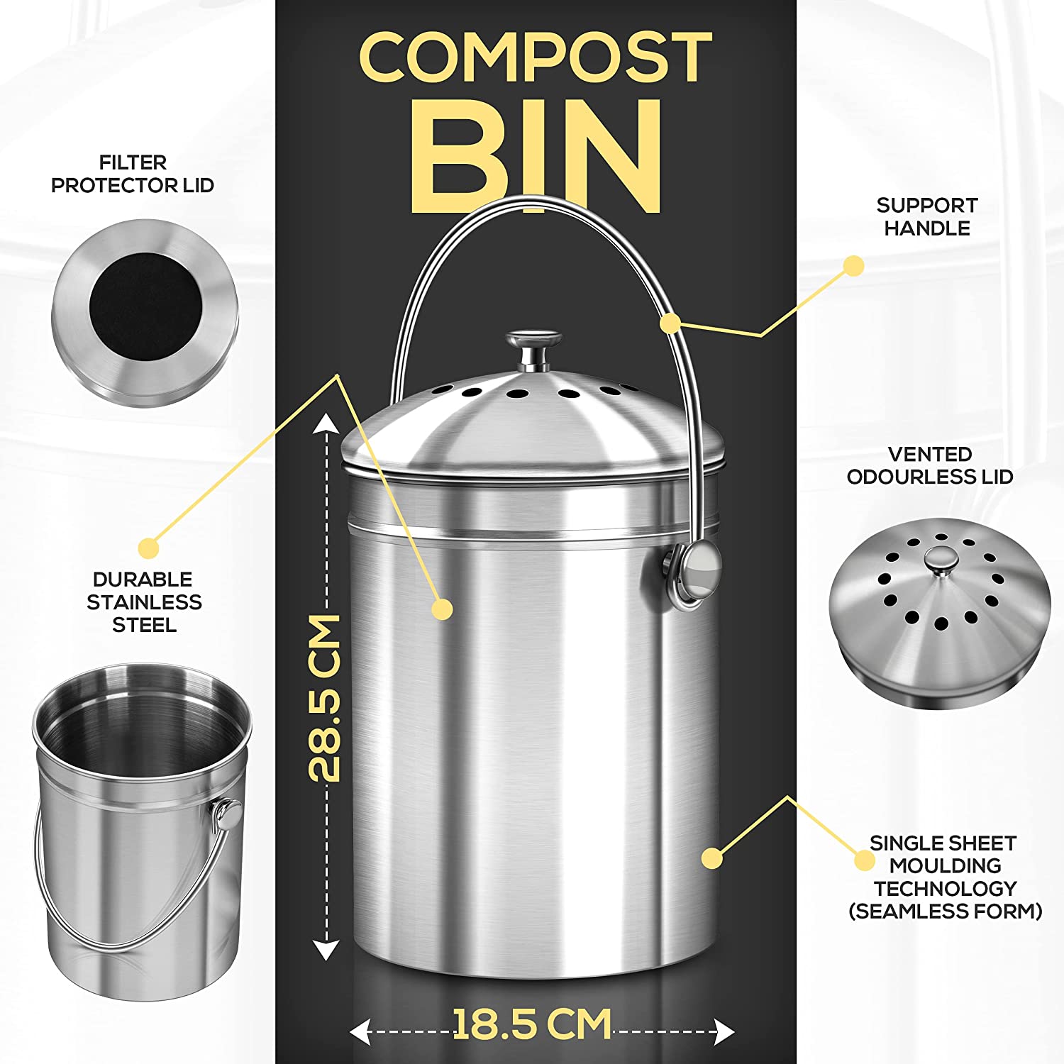 Vatya Food Waste Compost Bin - Stainless Steel - from Large - 0.8 Gallon