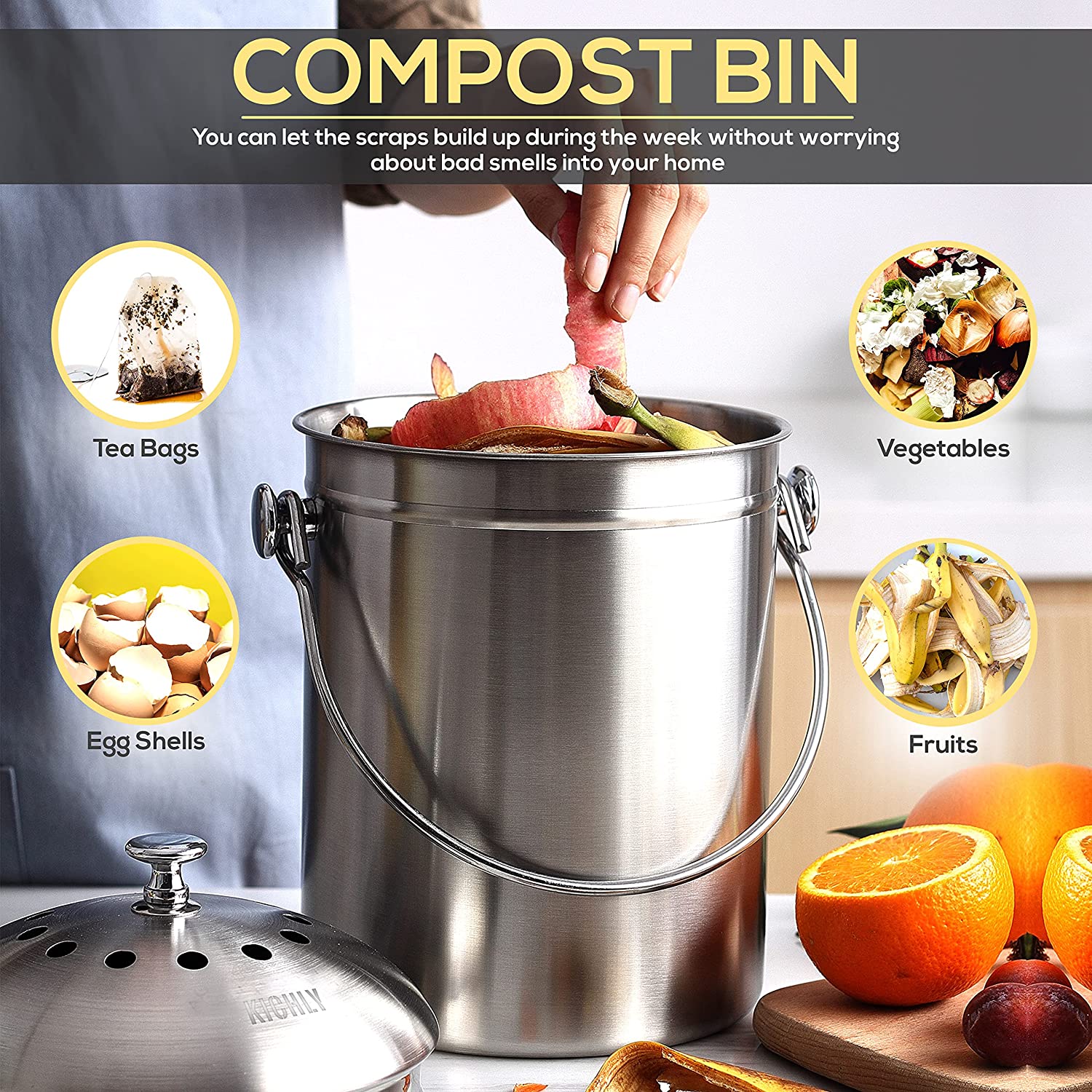 EPICA Countertop Compost Bin Kitchen, 1.3 Gallon, Odorless Composting Bin  with Carbon Filters, Indoor Compost Bin with Lid