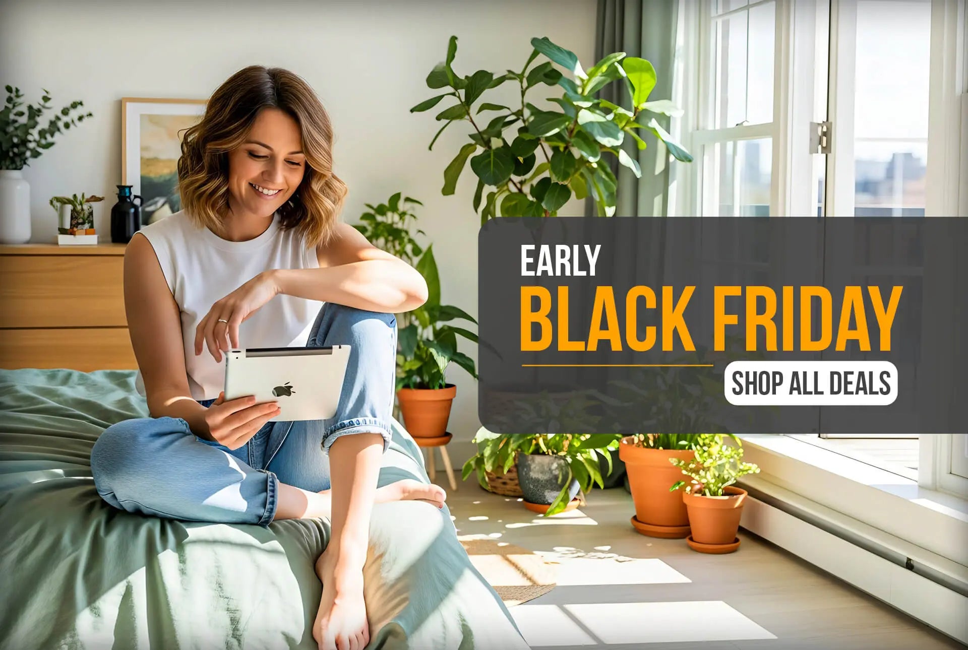 Early Black Friday promotion graphic with bold text over a blurred bedroom background and a ‘Shop Now’ button.