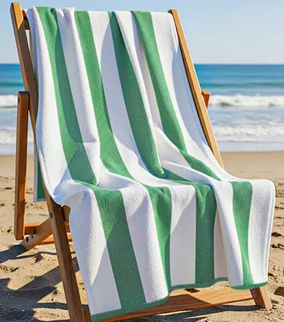 Cotton beach towel with green and white stripes – quick dry summer essential